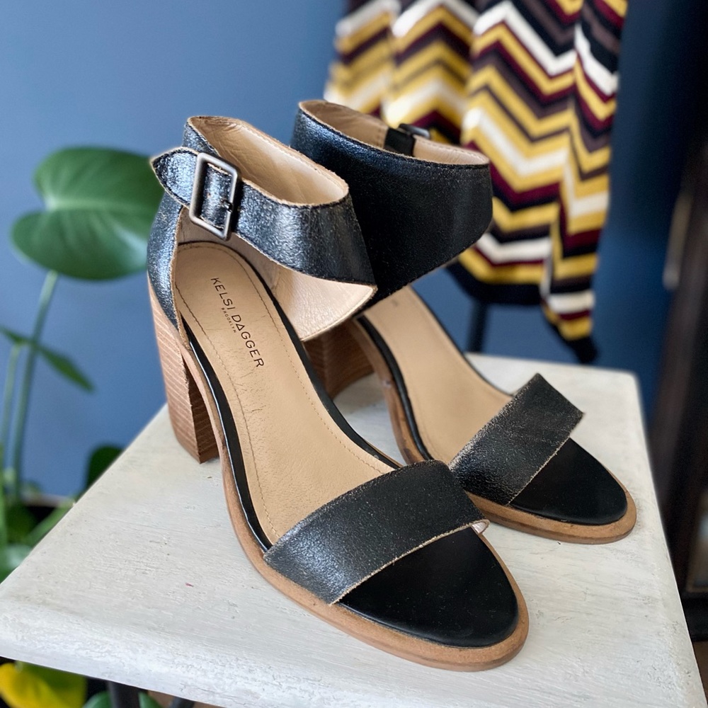 Kelsi Dagger Brooklyn Mayfair Black Distressed Leather Block Heel Sandal